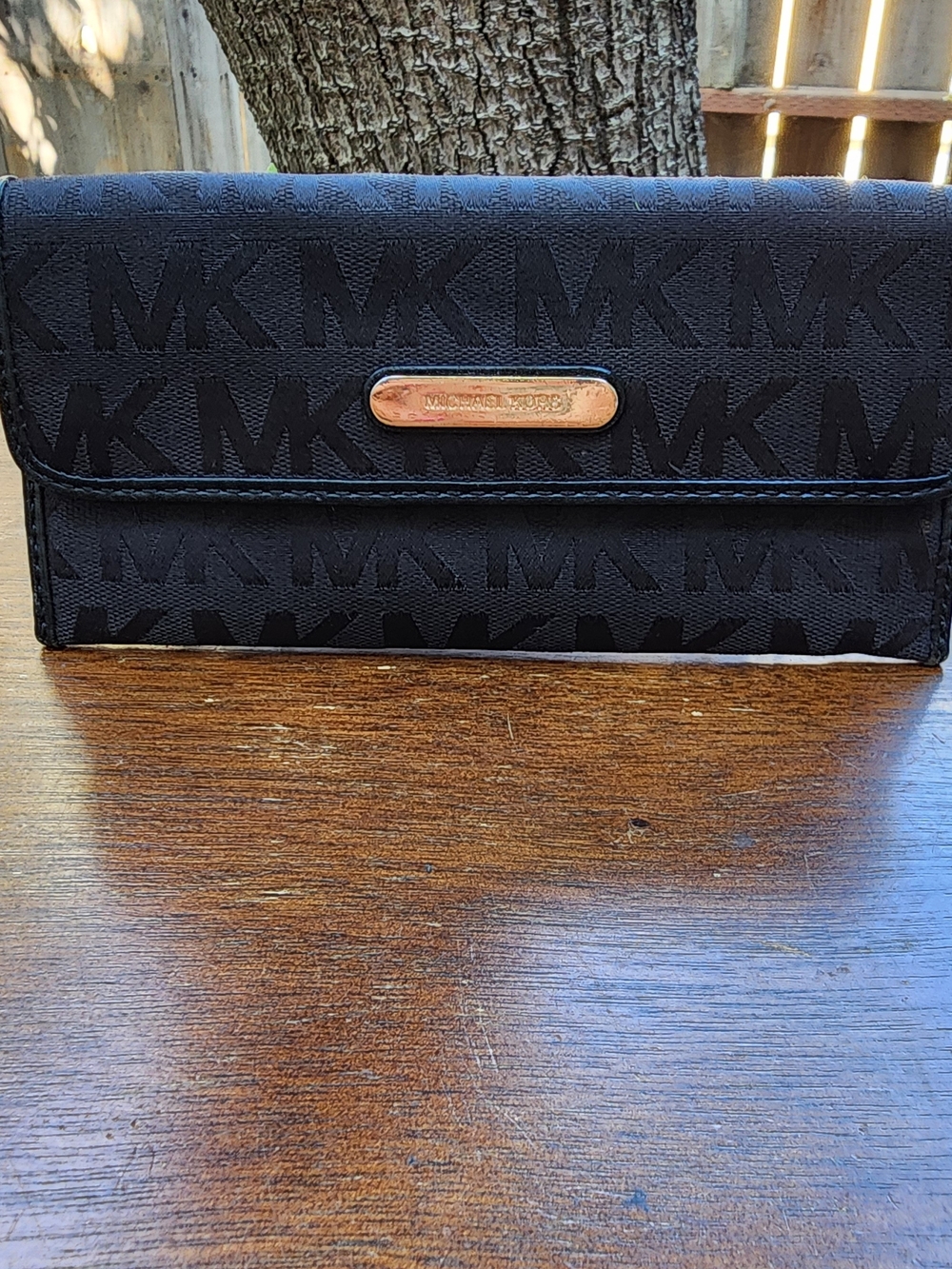 Michael Kors Jet Set Black Monogram Flap Wallet Gold Hardware Accordion Clutch